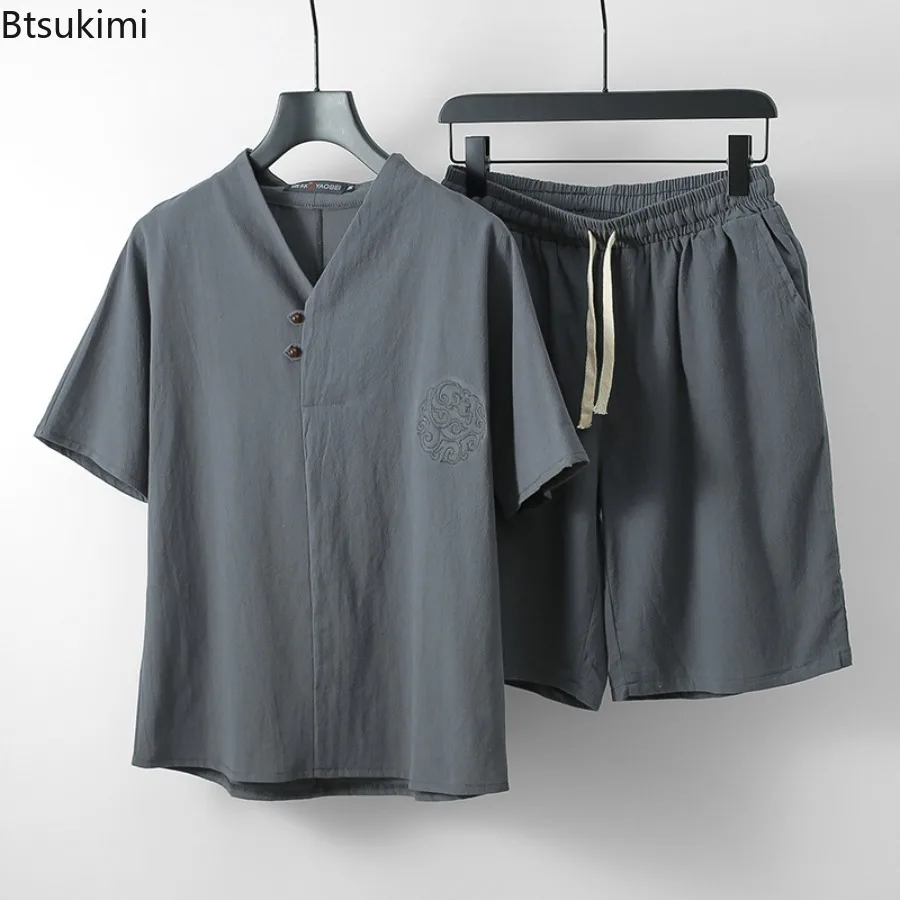 Nieuwe 2025 Heren Chinese Stijl Katoen en Linnen Set Zomer Casual Losse Puur Katoen Set voor Mannen Korte Mouwen Shorts Tweedelige Set