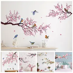 Multicolor Wall Sticker PVC Chinese Style Flower Blossom Decals Green Leaf Ornament Bird on Tree Branch Stickers