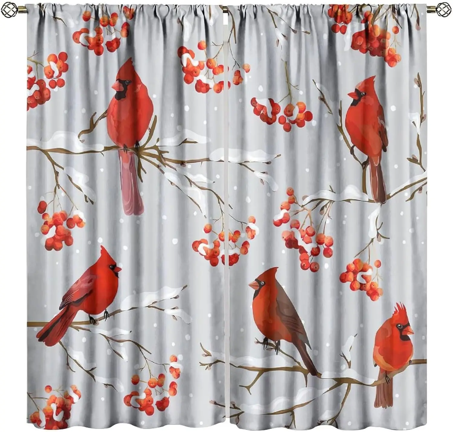 Christmas Cardinal Curtains, Retro Winter Red Bird Cardinal Rowan Branch Berries Print Blackout Window Curtains Drapes Curtains