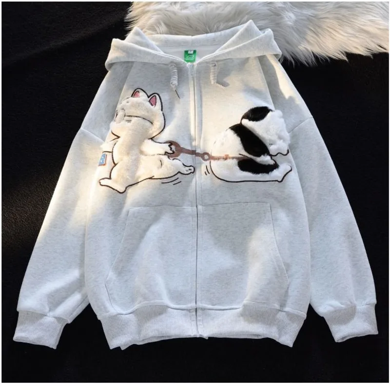 Sudadera con capucha bordada de gato de felpa Kawaii para hombres y mujeres, suéter con cremallera, cárdigan lindo, Yk2 Sudadera con capucha,