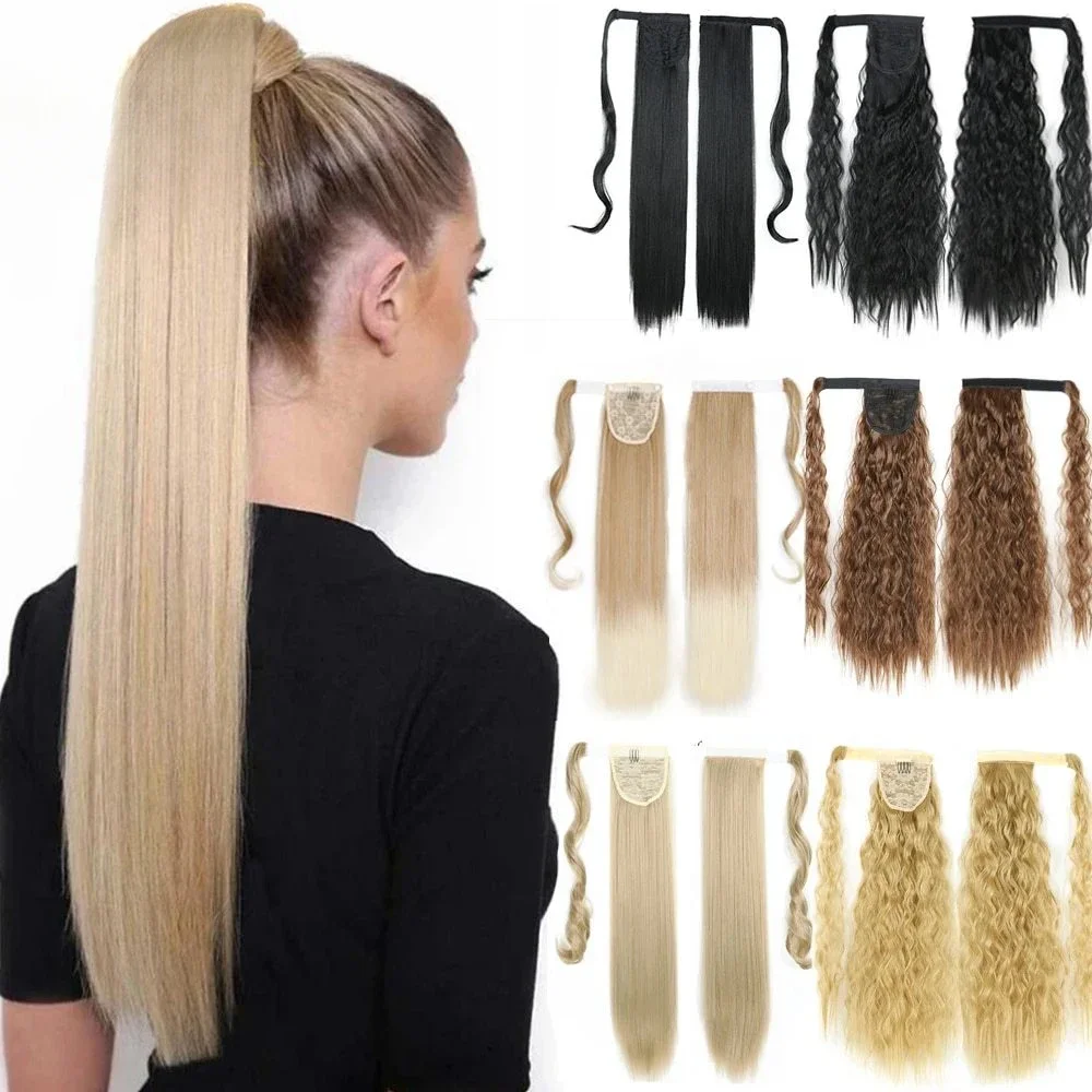 Synthetic Long Straight Wrap Around Clip In Ponytail Hair Extension Heat Reistan Pony Tail Fake Hair