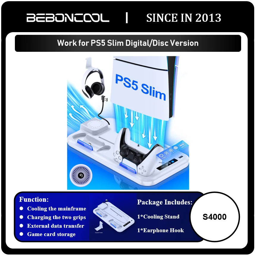 BEBONCOOL S4000 For PS5 Slim Disc/Digital Dual Fast Charging Cooling Stand Vertical Cooling Station For PlayStation 5