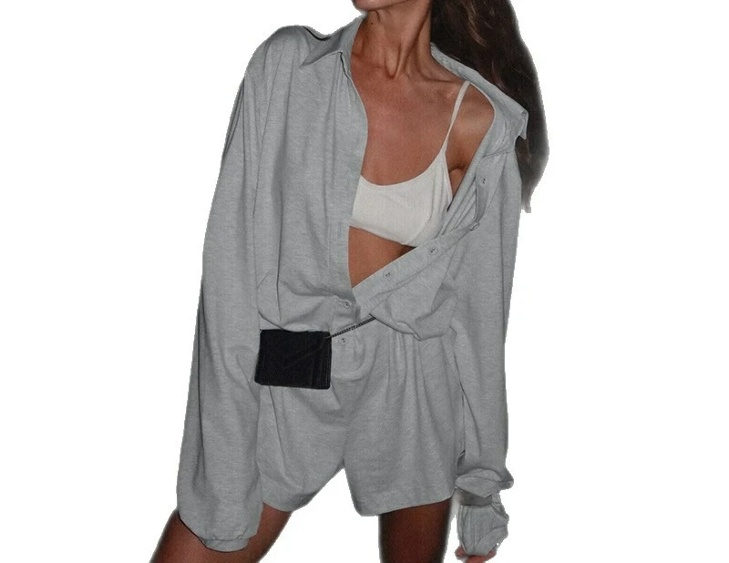 2025 Casual Loose Breasted Solid Color Simple Lapel Basic Outdoor Wear Street Long Sleeved Jumpsuit Shorts for Women