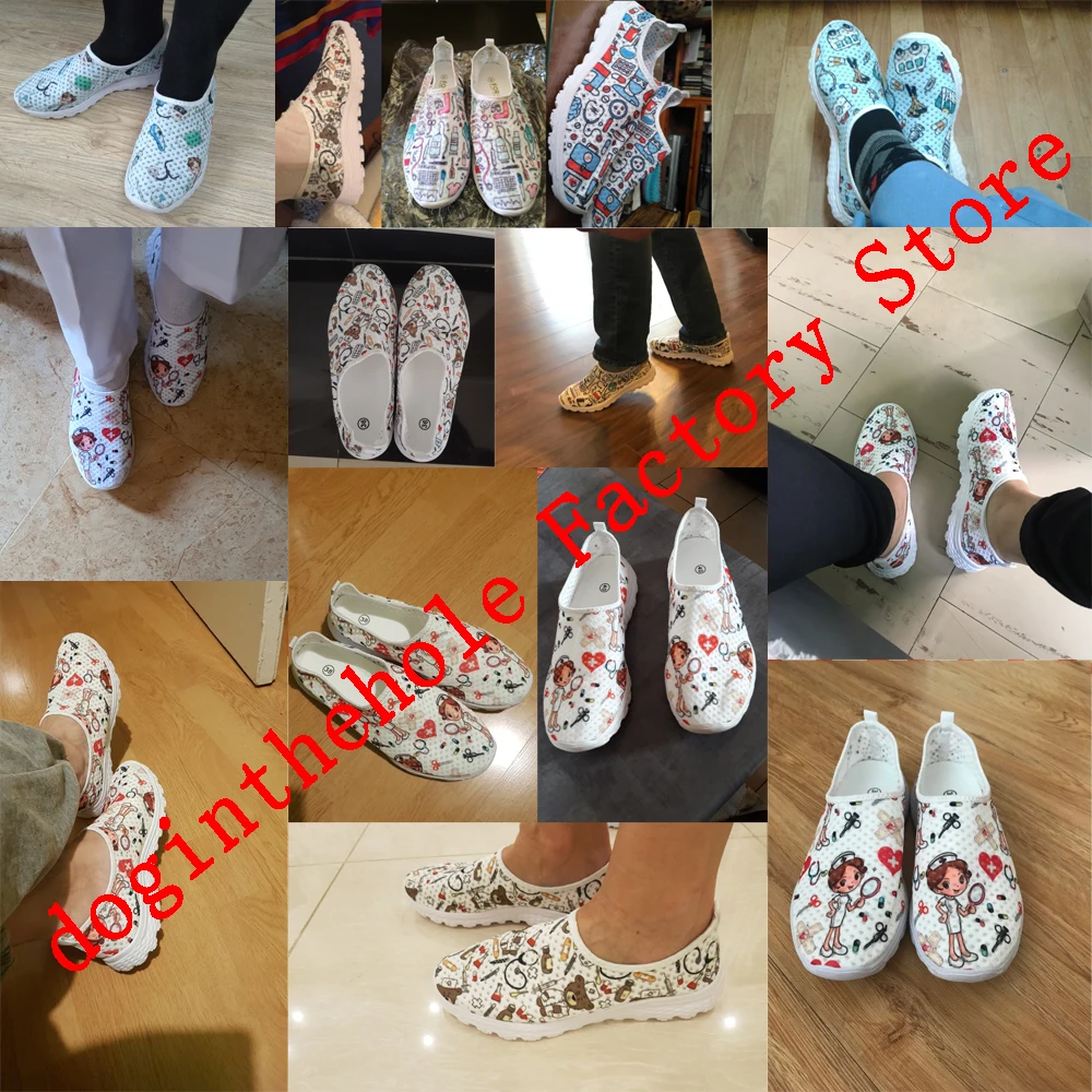 Fashion Women's Casual Nurse Shoes Kawaii Dental Printed Flat Shoes Comfortable Breathable Summer Slip On Mesh Shoe