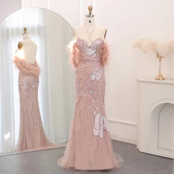 Jancember Mermaid Pink Evening Dresses with Feathers Scarf Spaghetti Straps Dubai Women Blue Wedding Prom Gowns SZ478