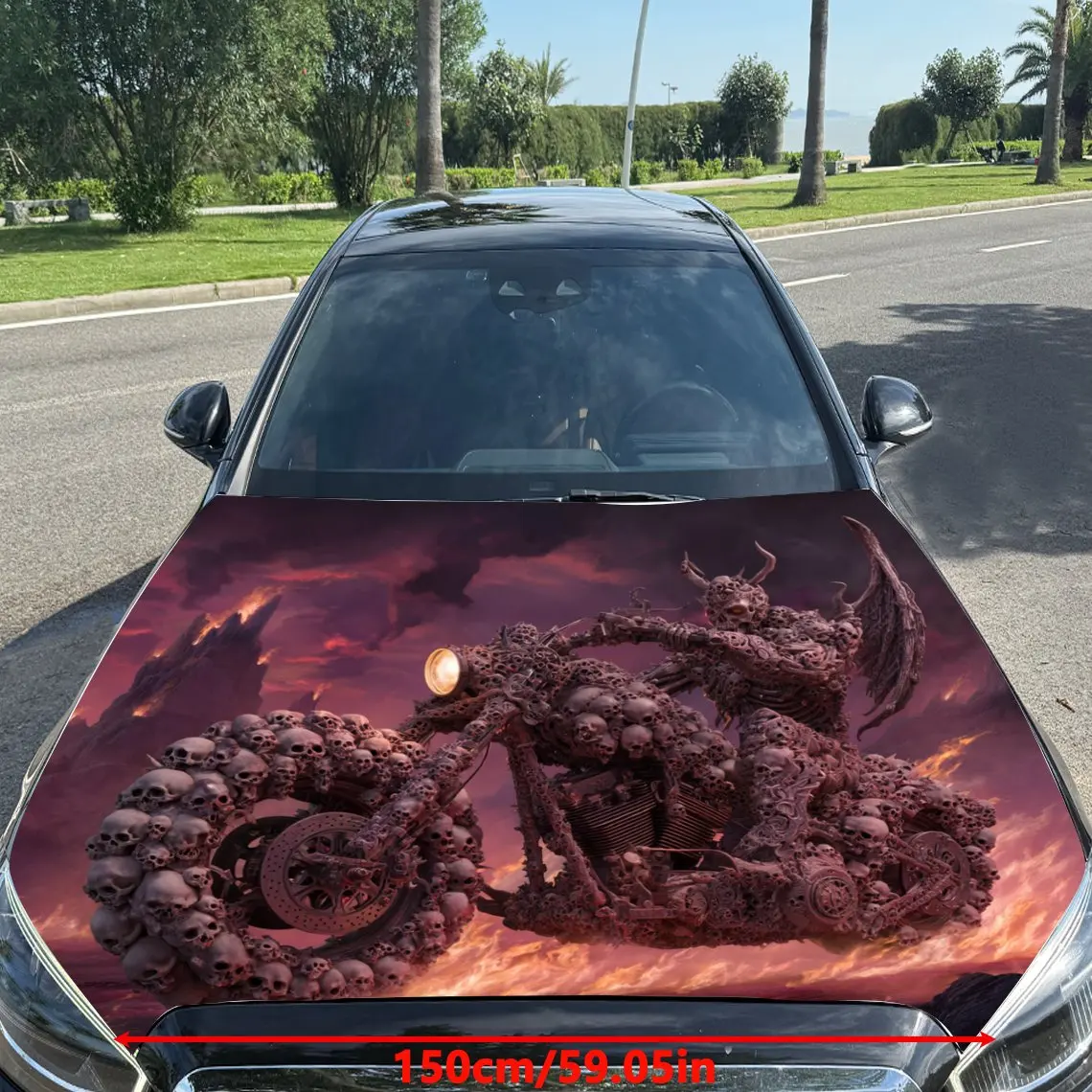 Blazing Flame Demon Motorcycle Print car hood stickers, waterproof self-adhesive, scratch resistant, easy to stick, durable car