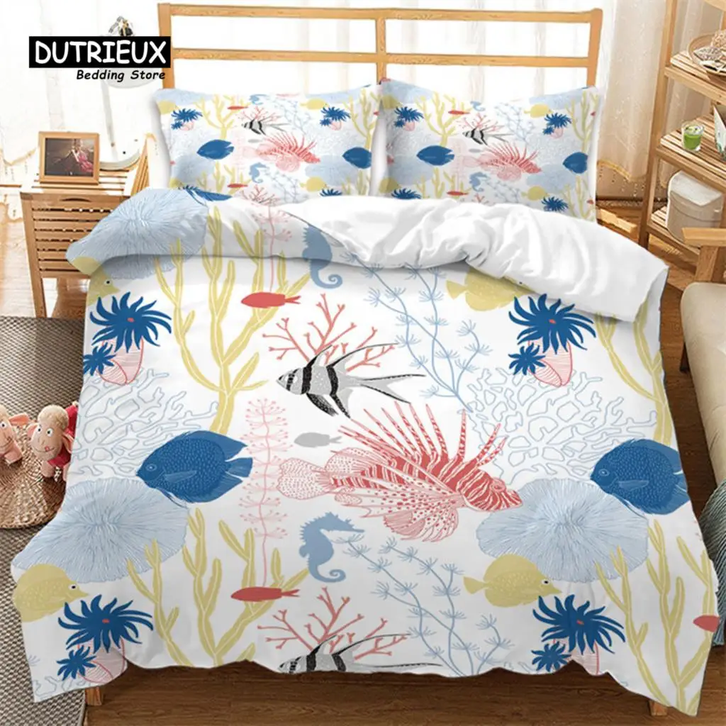 Kids Cartoon Ocean Fish Duvet Cover Microfiber Sea Underwater World Comforter Cover Full For Boys Girls Marine Theme Bedding Set