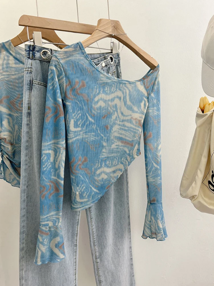 

Tie-Dye Long Sleeve T-Shirt Women's Summer Lace Undergarment Spicy Short Shoulder One-Shoulder Net Shirt Korean Style Commute