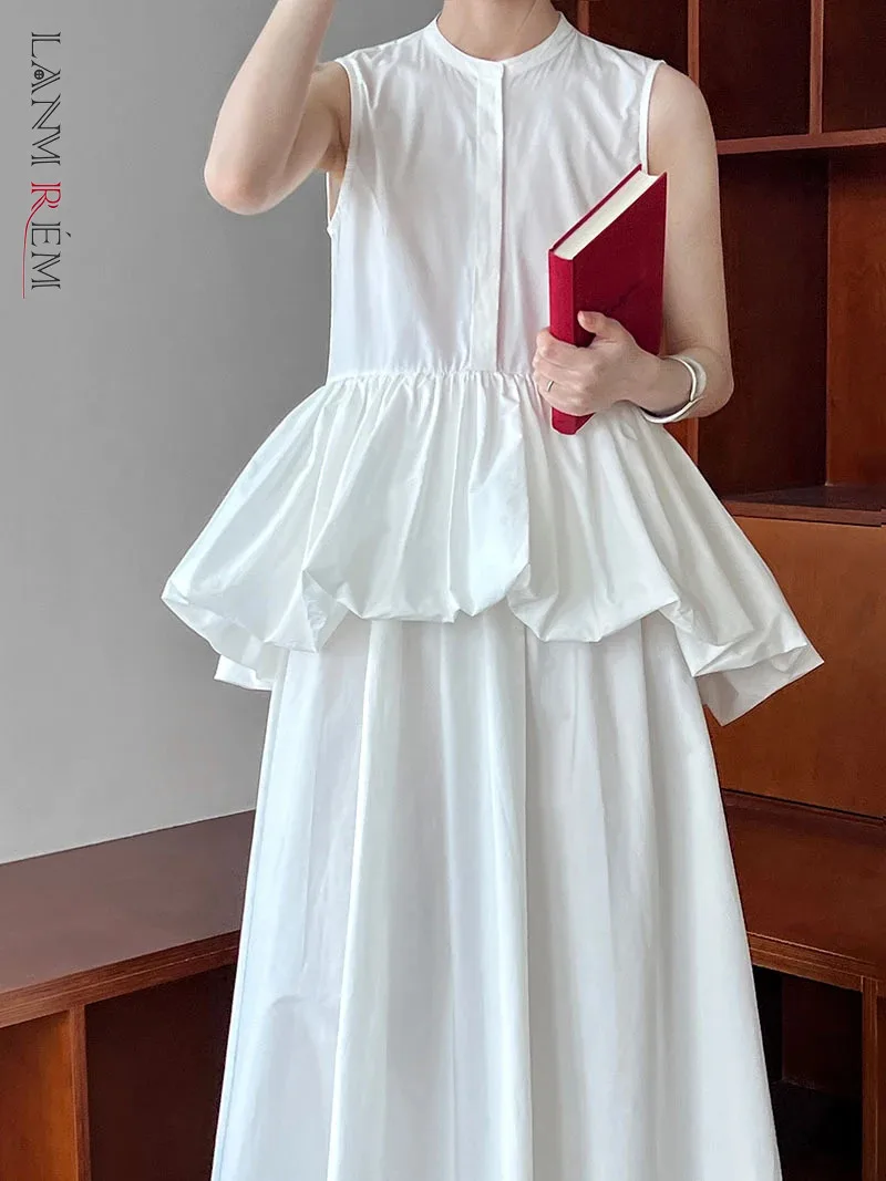 LANMREM Lotus Edge Flower Bud Dress For Women O-neck Sleveless Solid Color Ankle-length Dresses 2024 Summer New Clothing 2Z1593