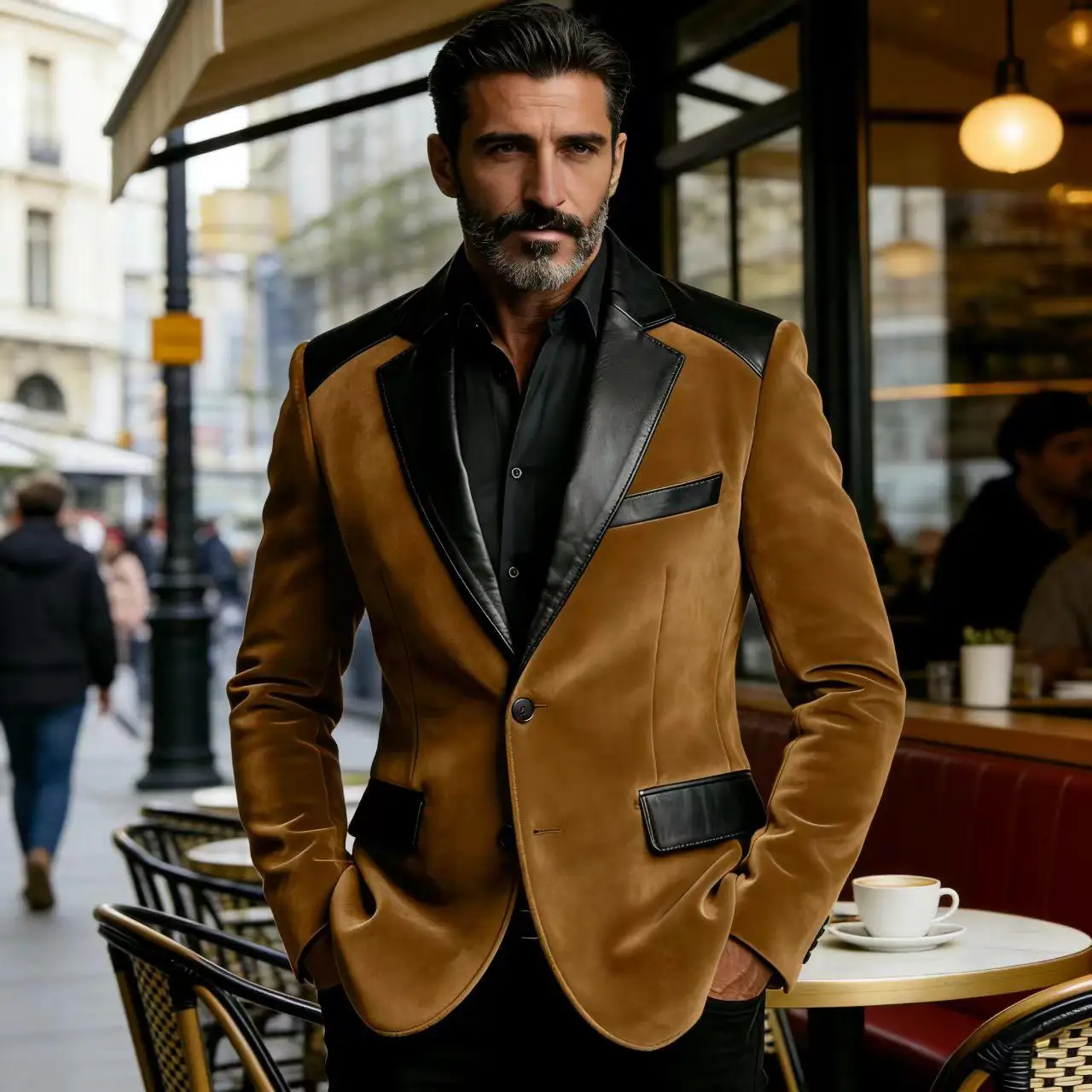 

Men's Camel Velvet Blazer with Leather Patchwork Slim Fit Formal Casual Tuxedo Jacket Two-Tone Business Suit Coat
