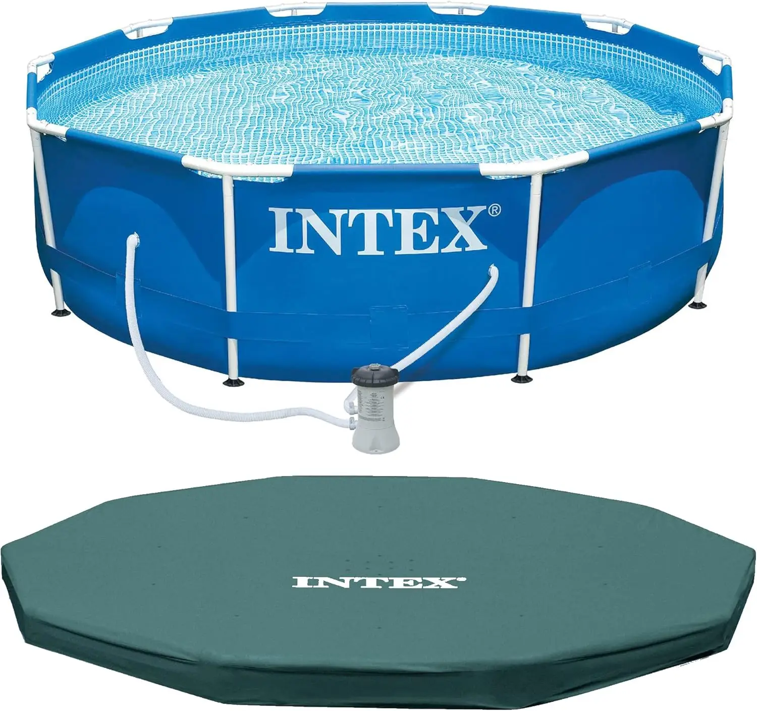 

INTEX Metal Frame 10ft x 30in Round above Ground Outdoor Swimming Pool Set with 330 GPH Filter Pump, Cartridge, Pool Cover