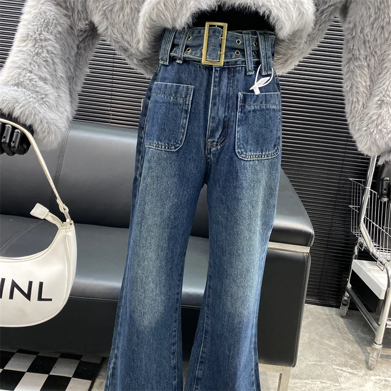 Belt！New 2022 Designer new style Famous brand High waist Straight leg jeans Retro navy blue Pocket design Denim pants