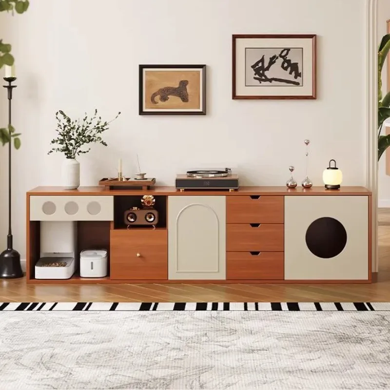 Medieval solid wood TV cabinet, retro TV cabinet in living room with cat nest and cat cage