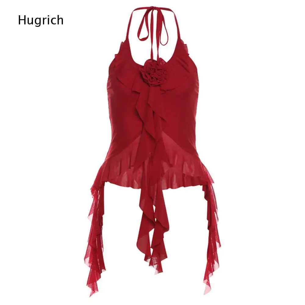 Soft Stretch Red Mesh Halter Tank Top Floral Front Ornament Ruffle Edge Long Asymmetric Fringe Self Tie Back Slim Sling