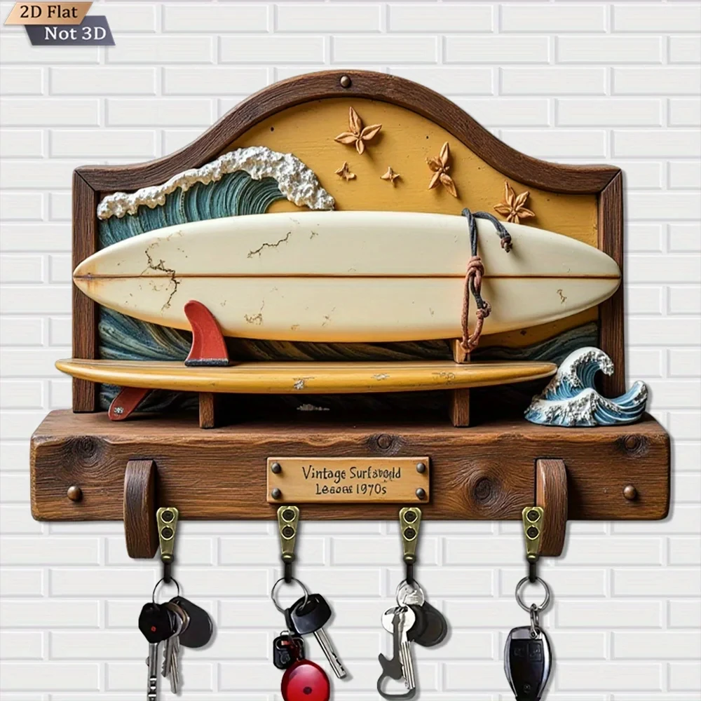 2D Flat, 1pc Vintage Surfboard-Shaped Key Hook, Wooden Multi-Functional Key Holder with Four Metal Hooks, Wall Decor, Porch