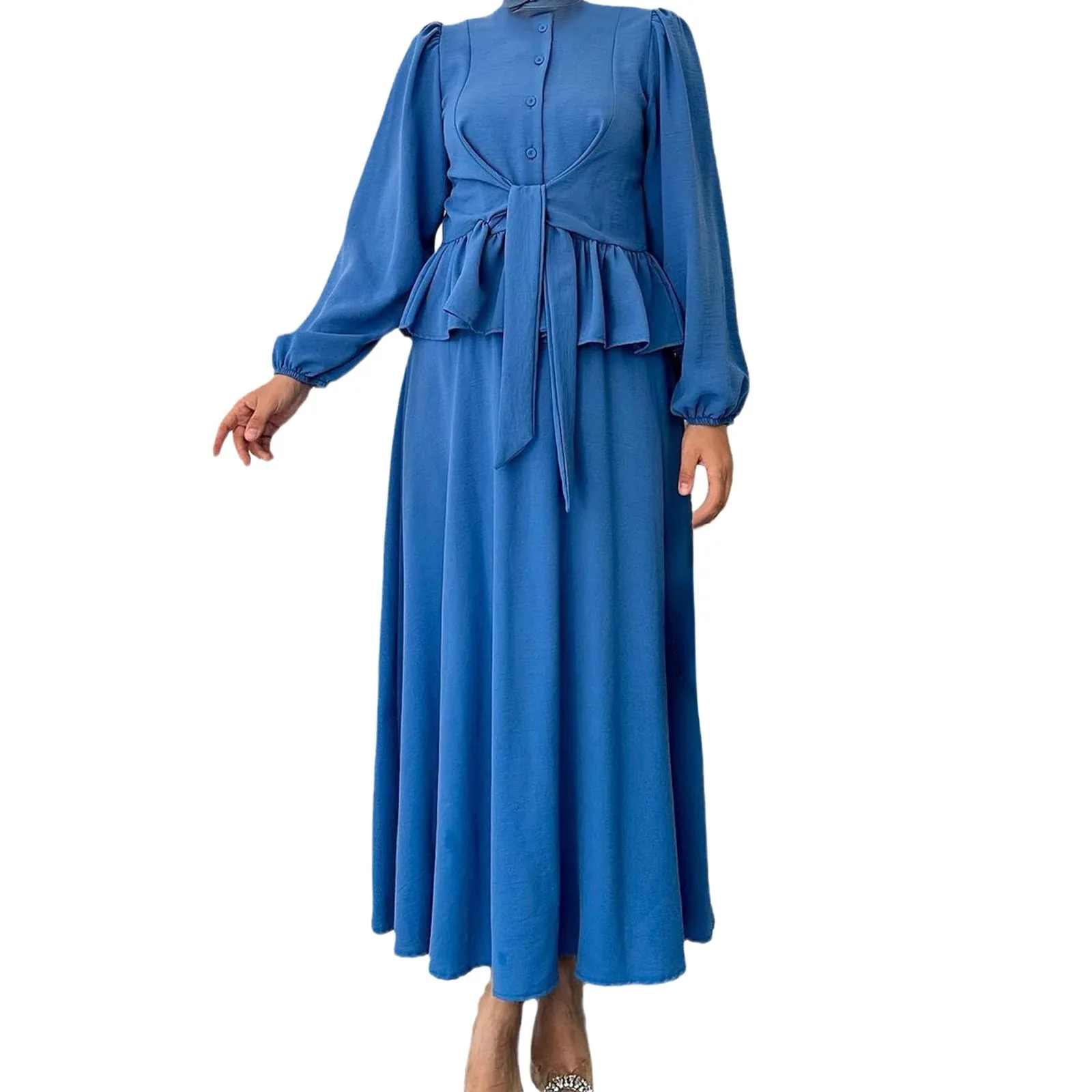 Muslim Woman Dress Temperament Long Sleeve Tie Waist Top Solid Colour Loose Long Skirt For Women Dubai Abaya Ramadan Outfits