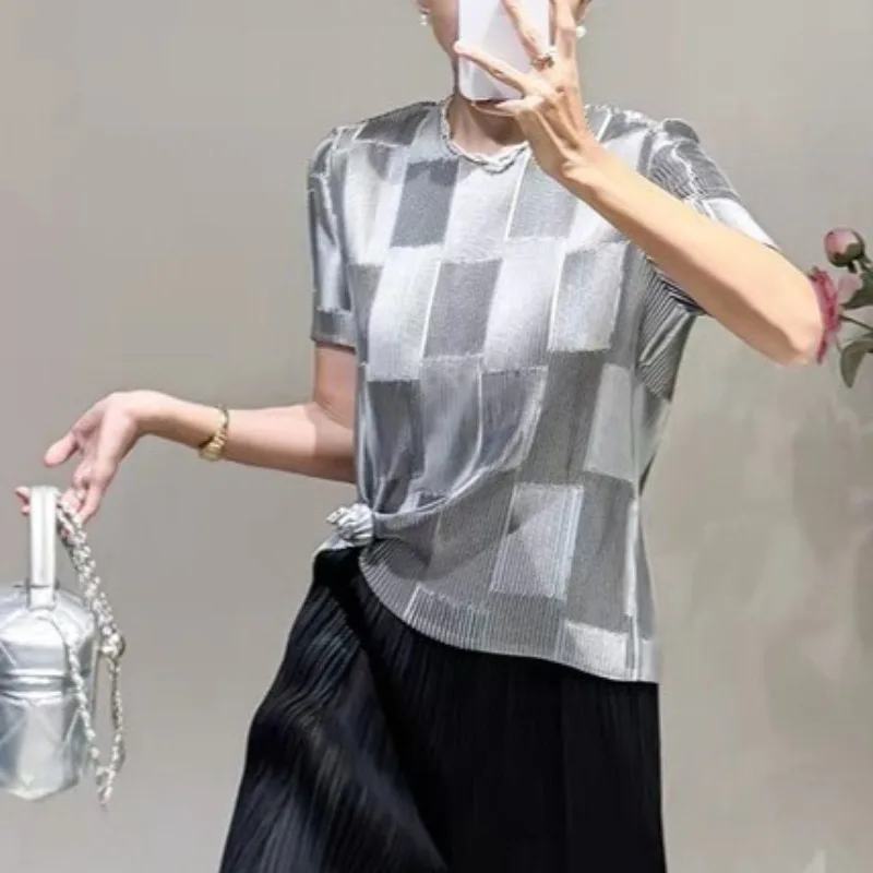  3D Texture Pleated T-Shirt 2026 Summer New Simple Casual Solid Color Short Sleeve Top Women's Five-Point Shorts Outfit