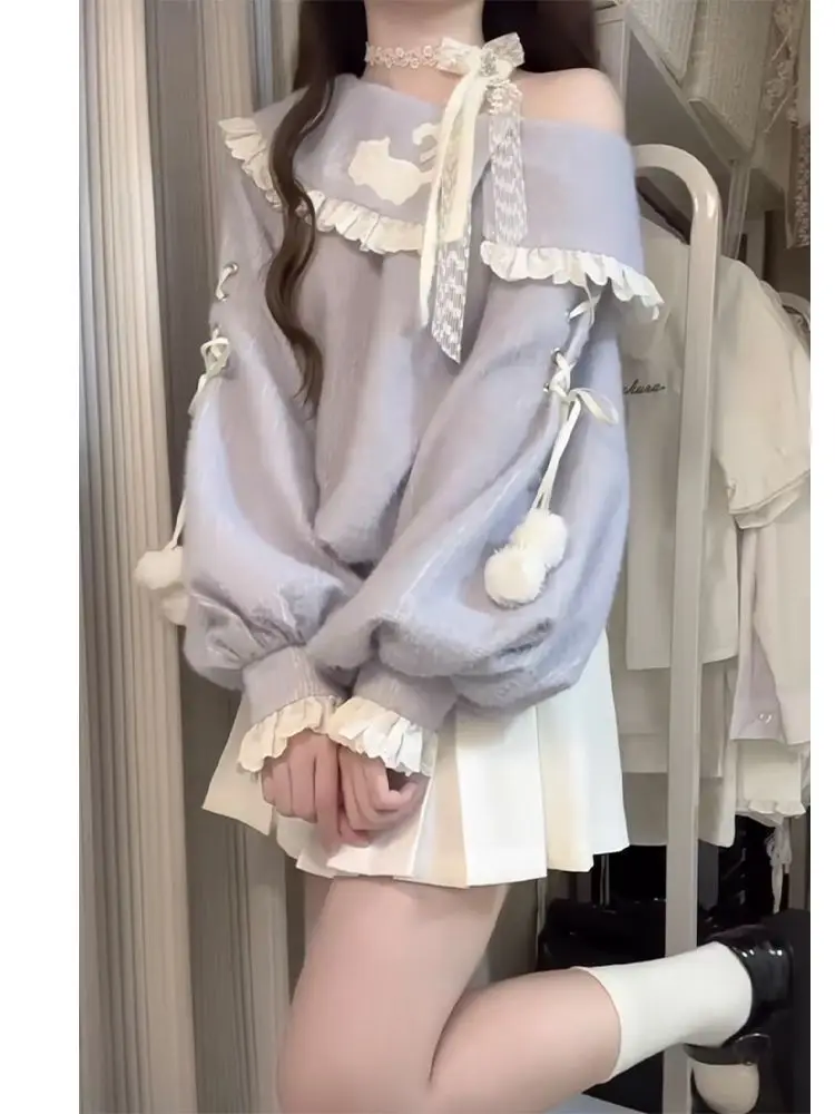 Japanese Kawaii Lolita 2-Piece Set Women Korean Sweet Skirt Suit Winter 2024 Long Sleeve Pullovers Sweaters + Party Mini Skirt