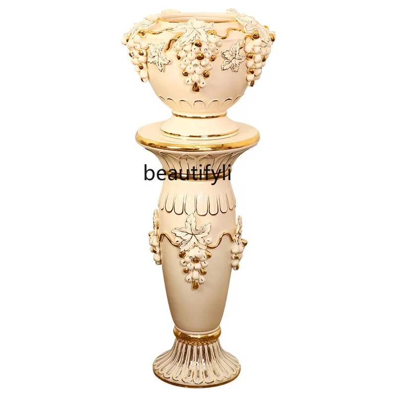 zqEuropean-Style Large  Living Room Flower Arrangement Ceramic Decoration TV Cabinet Large Floor Roman Column Home Decoration