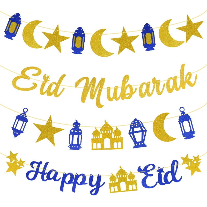 Eid Mubarak Happy Eid Glitzer-Banner, Ramadan-Dekorationen, goldfarben, blauer Stern, Laterne, Papiergirlande, Partyzubehör