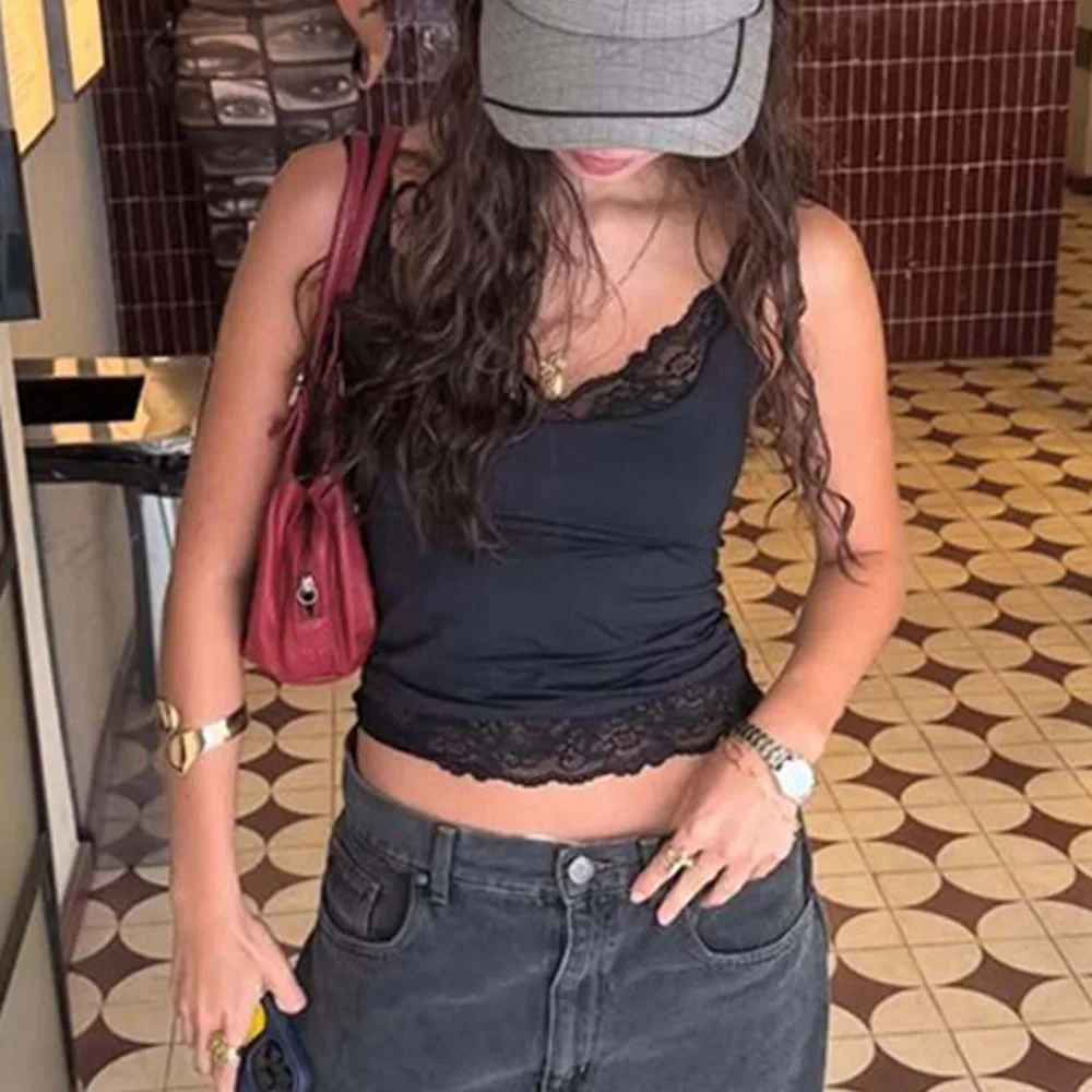 

Summer Lace Trim Tanks Top Woman 2026 Trendy Crop Tops Black White Lace V-neck Camisole Top Female Sexy Lace Vest Streetwear