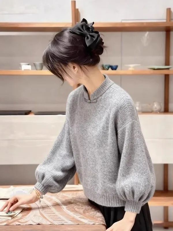 

Gray Chinese Style Knitted Sweater with Bubble Sleeves Stand Collar Button Detail Soft Cozy Lazy Knitting Top for Women Winte...