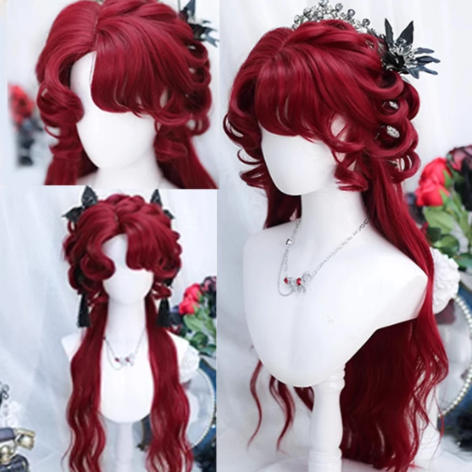 Red Long Curly Hair with Parted Bangs Synthetic Women's Cosplay Natural High Temperature Fiber Lolita Wig