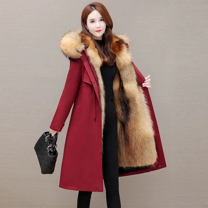 Fashion Temperament School To Overcome The Female Winter Long Integrated Fox Liner Detachable Imitation Warm Coat