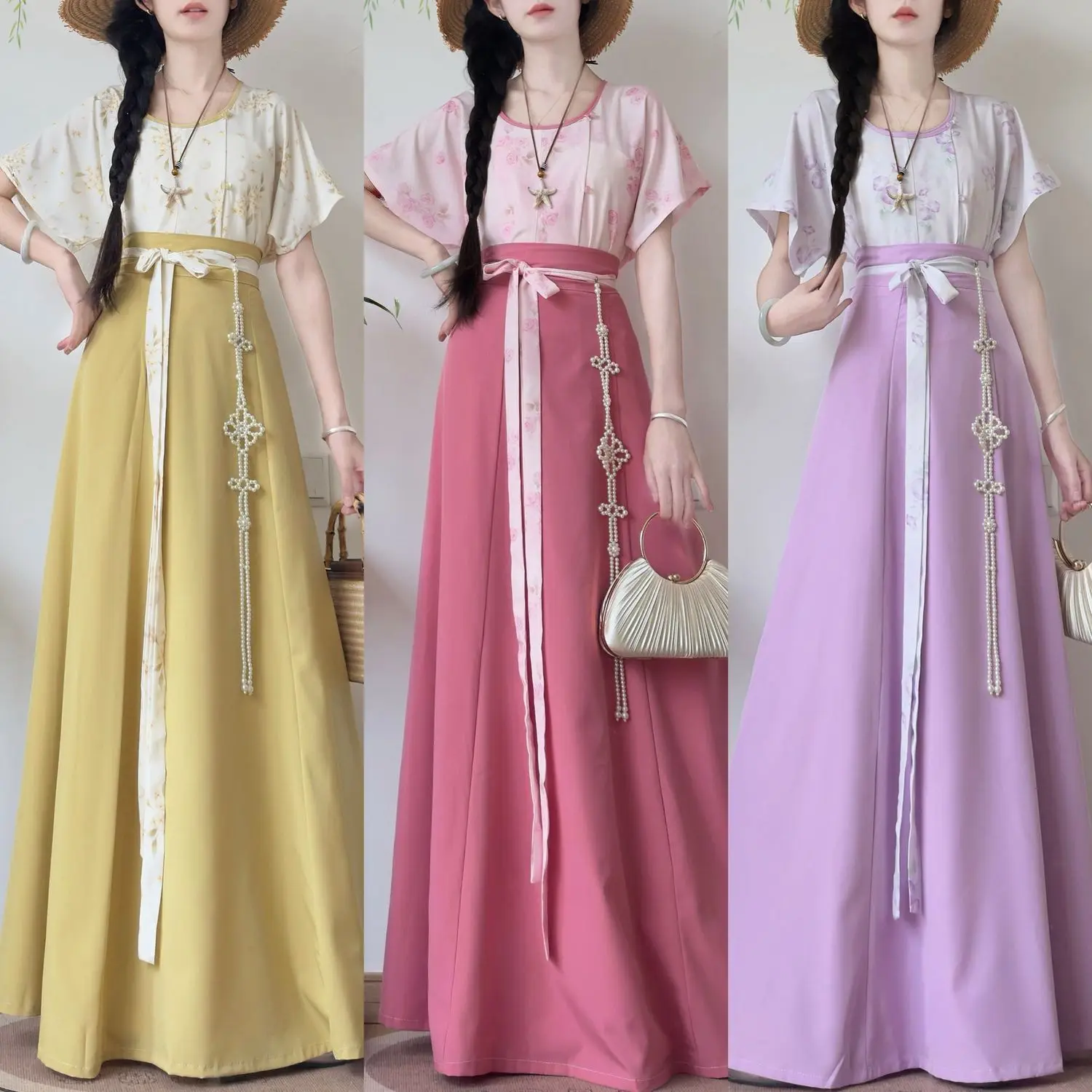 Women Original Tang Dynasty Hanfu, Round Collar Blouse with Beizi Jacket, Waist High Eight-panel Skirt, Casual Chinese Suit