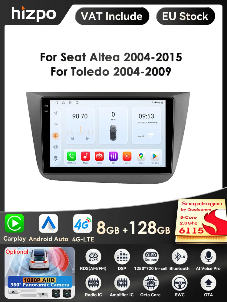 9 ''7862 Intelligent Scherm 2din Android Auto Radio Multimedia Video Speler Voor Stoel Altea Voor Toledo Gps Nav Carplay Auto 4G Rds - afbeelding 2
