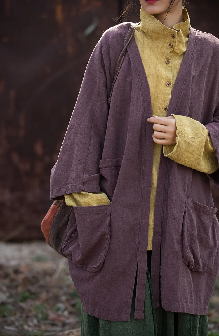 Outono inverno mistura de algodão tingido original robe-estilo casaco solto-ajuste de comprimento médio cardigan preguiçoso boho-chique topo feminino