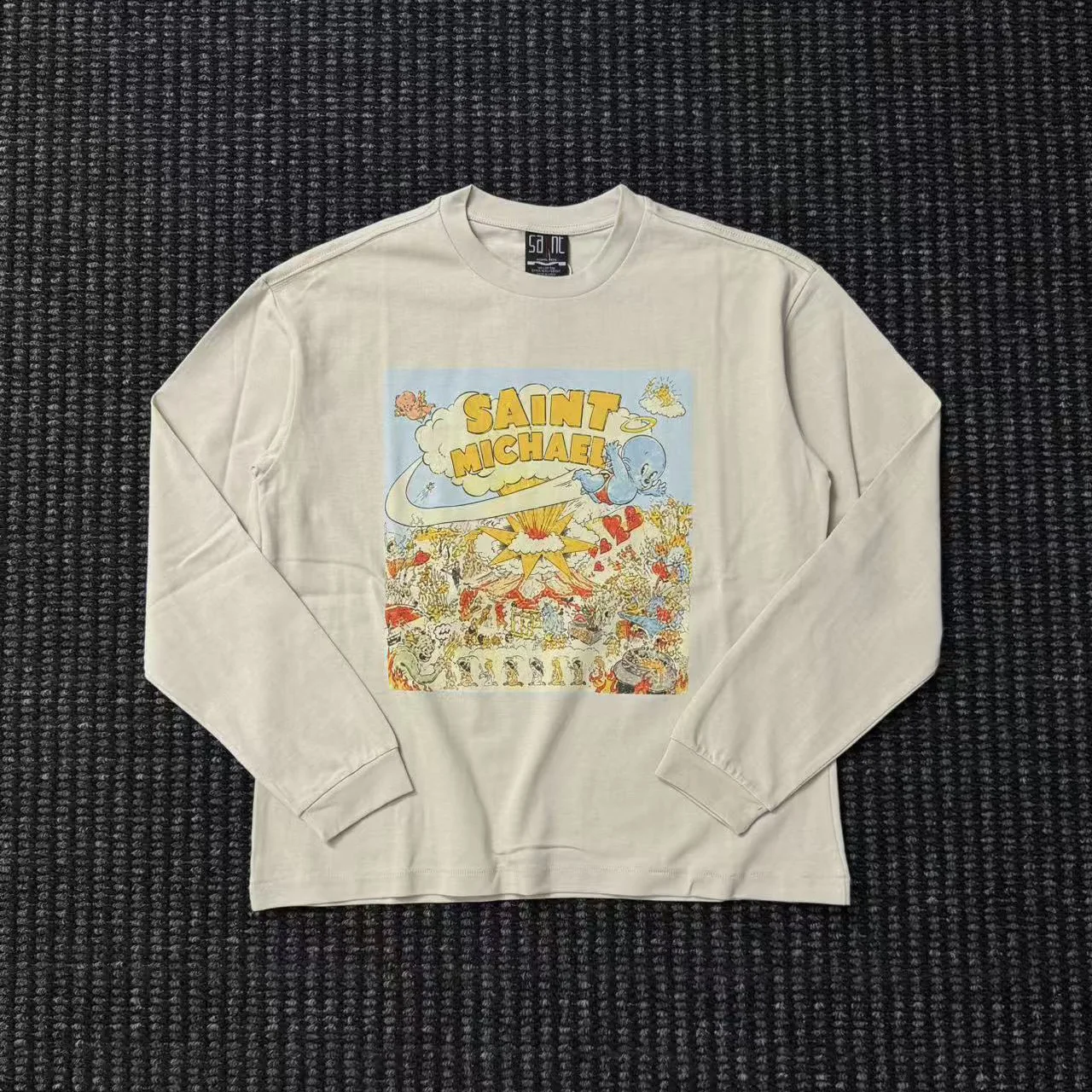 High Street Saint Cartoon Comic Print Vintage Washed Crew Neck Long Sleeve Tee Men's Casual T-shirts Men's Clothing