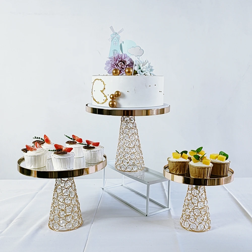 1-3Pcs/lot Wedding Metal Cake Stand with Chandelier Crystal  Cake Plate for Dessert Table, Gold crystal Wedding Event Home Decor