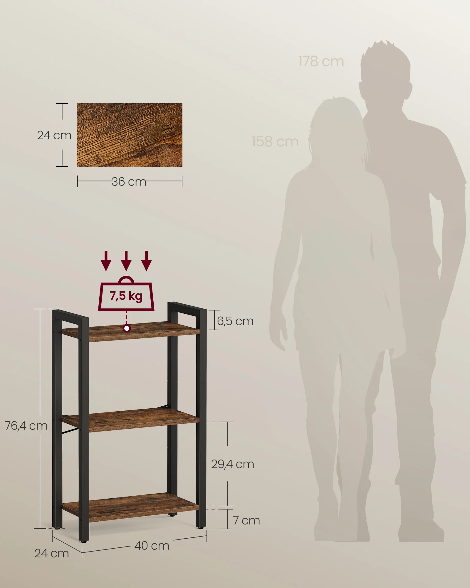 خزانة كتب VASAGLE 3 طبقات، مكتبة، خزانة كتب للمكتب، الدراسة، غرفة المعيشة، غرفة النوم، 24 × 40 × 76.5 سم، صناعية، بني ريفي