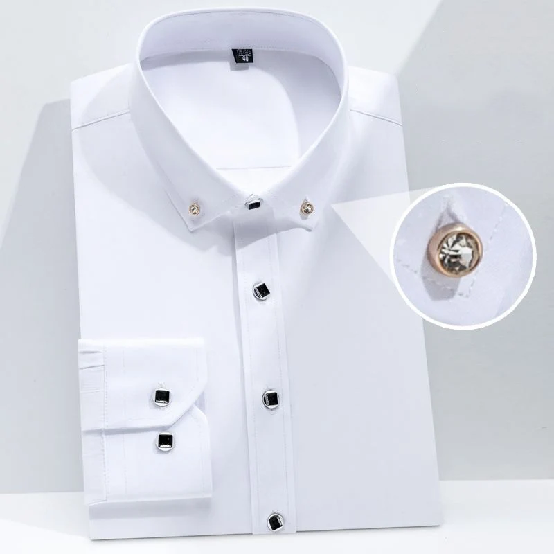 

Top Quality Men's Long Sleeve Shirt Dress Casual Solid Color Routine Fit Design Business Male Social Shirts White Blue Black Red