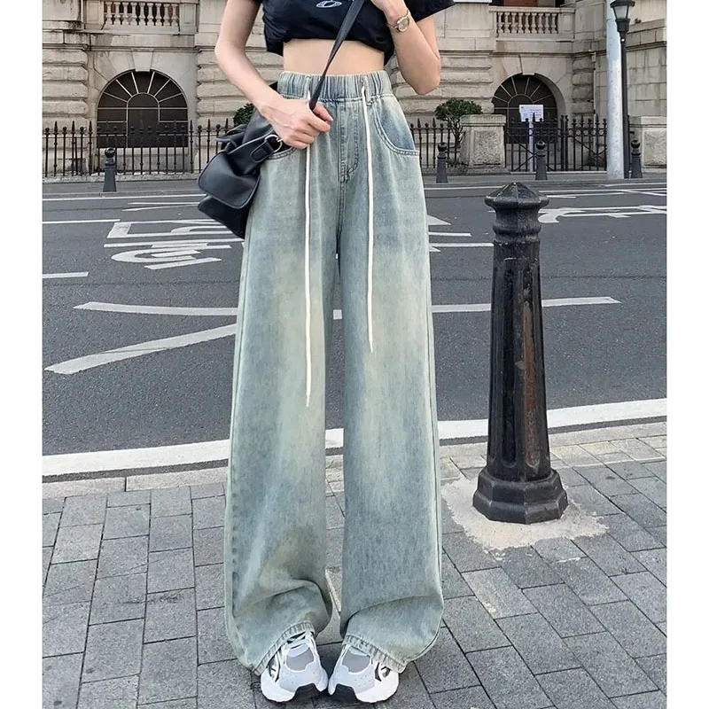 

Women Mop Denim Pantalons Retro Female High Waisted Wide Legs Cowboy Trousers Summer Lady Elastic waist Straight Cylinder Jeans