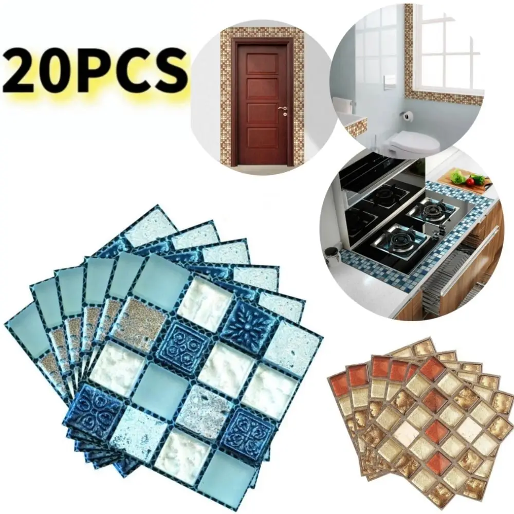 20pcs/set New Self Adhesive Wall Sticker Flat 3D Waterproof Mosaic Tile Wallpaper Oil Resistant Art Decals For Living Room