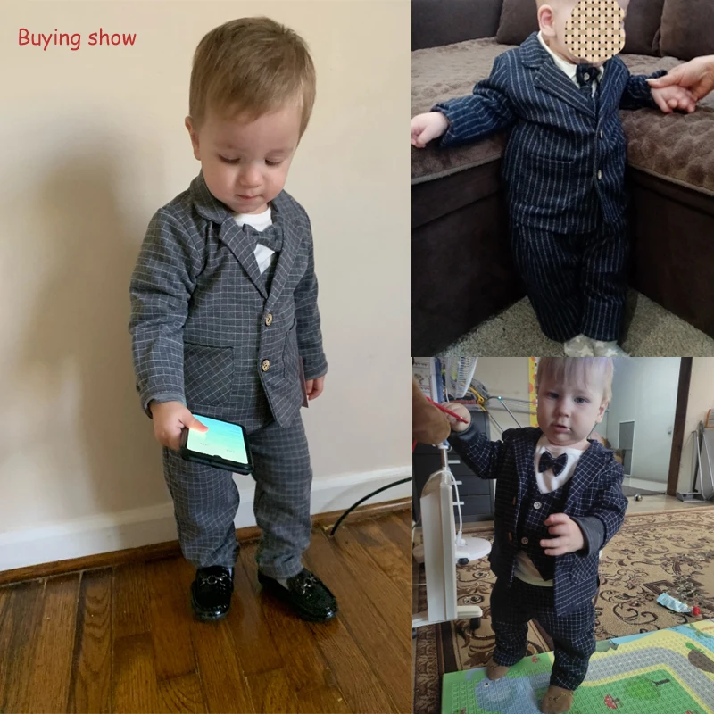 2023 new children\'s solid color Plaid gentleman suit set boy\'s tie shirt trousers three piece set children\'s baby formal dress