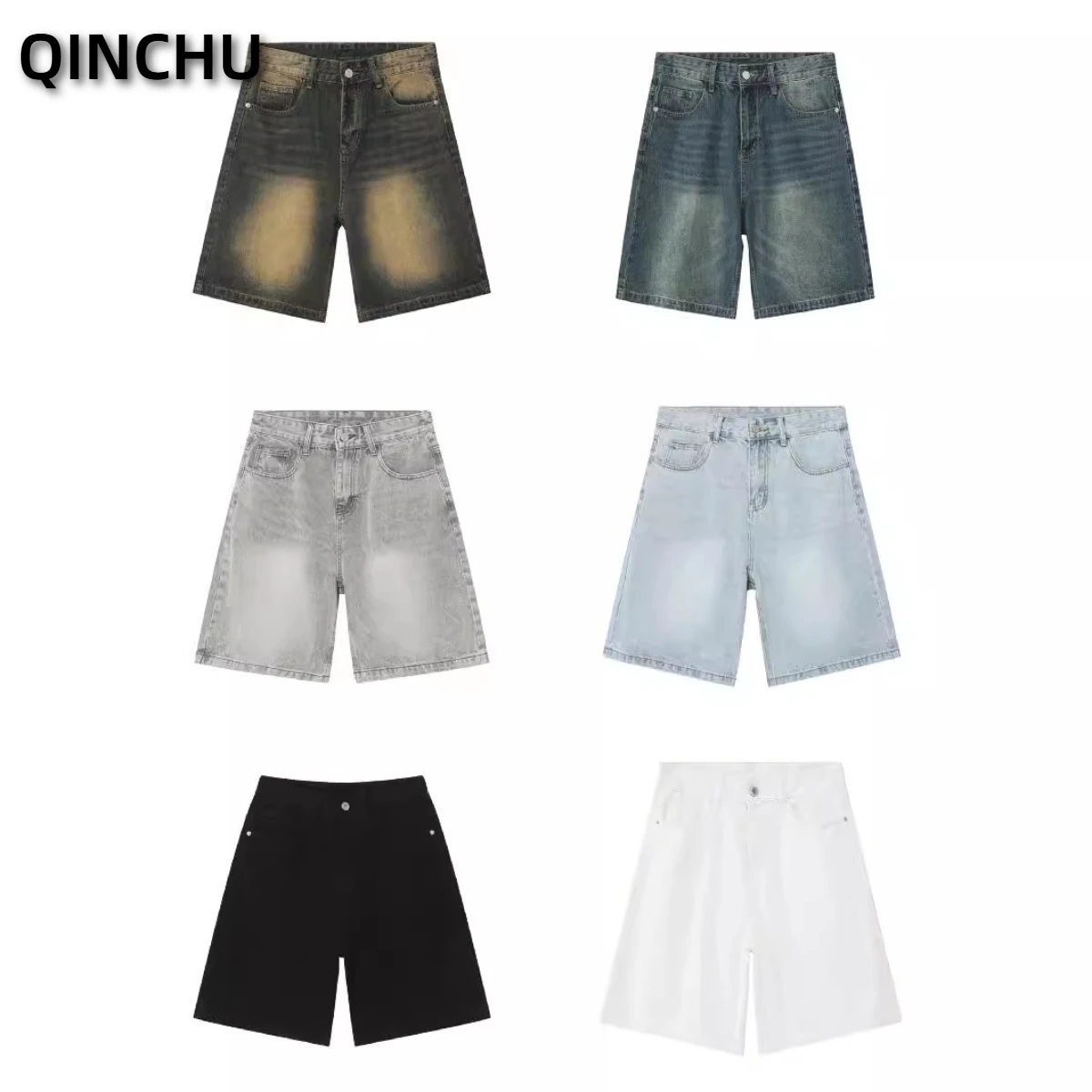 

Мужские джинсовые шорты QINCHU из хлопка в американском ретро-стиле, синие, свободного прямого кроя, длиной до колена