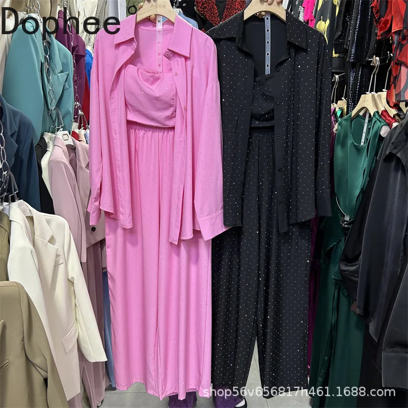 

Fashion Lady Three-piece Suit Shiny Hot Drilling Long Sleeve Cardigans Shirt + High Waist Crop Camis Top + Wide Leg Pants Sets