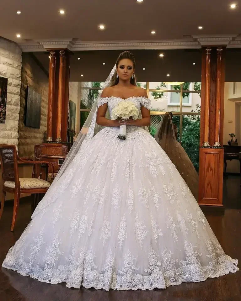 Customized Luxurious Off The Shoulder Appliqued Beaded Lace Puffy Plus Size Cathedral Train Ball Gown Wedding Dresses