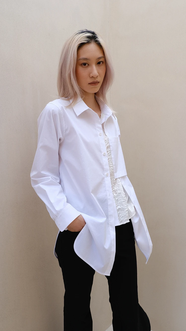 

Асимметричная двухслойная декоративная блузка белого цвета для офиса, с длинным рукавом, однотонная, из полиэфирного волокна, женская