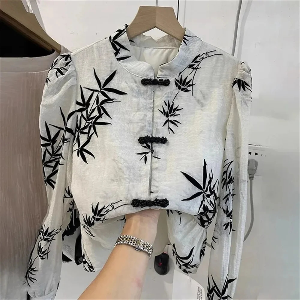 Camisas e blusas estilo chinês para mulheres, camisa de manga comprida, design de fivela, vento nacional, casaco estampado em folhas de bambu, moda