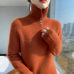 여성용 두꺼운 100% 메리노 울 스웨터, 따뜻한 풀오버 캐시미어 지퍼 니트, 하이 칼라 상의, 2025 신상
