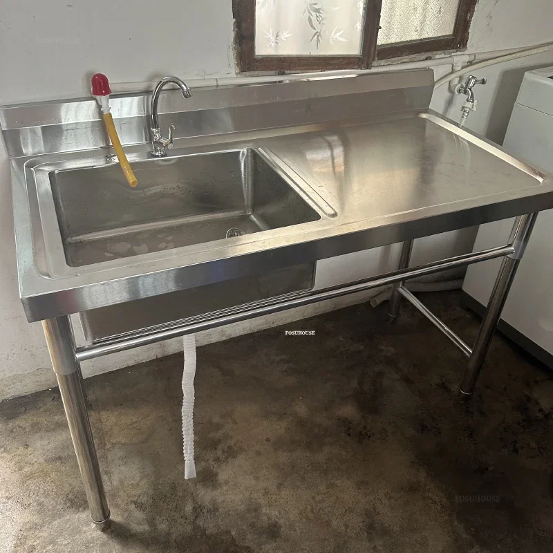 Commercial Floor-standing Sink for Canteen Thickened Stainless Steel Kitchen Sinks with Platform Modern Simple Dishwashing Sink