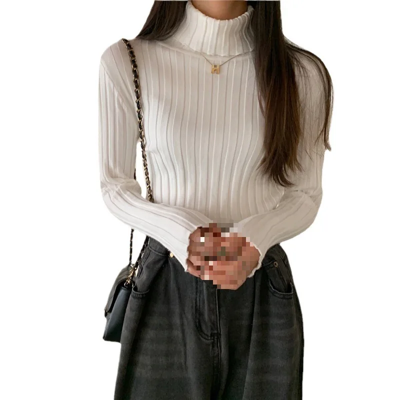 Camisa básica de punto con cuello alto para mujer Cuello de pila Suave y acogedor Otoño Invierno Nuevo estilo Ropa interior Color sólido negro Slim Fit Long S...