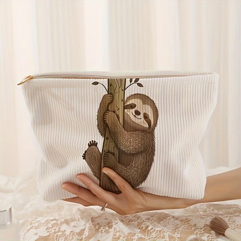 Cartoon Sloth Pattern Printed Corduroy Zipper Storage Bag Cosmetic Bag, Lightweight Cosmetic Bag, Multi-Functional Wash Bag