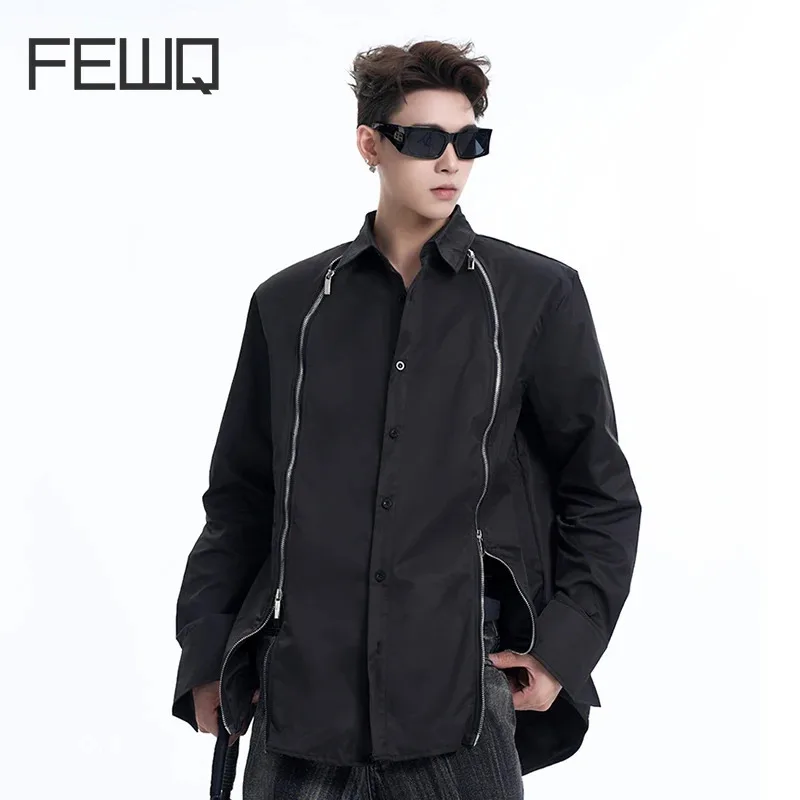 

FEWQ Men's Jacket Niche Metal Zipper Design Autumn Splicing Shoulder Pad Top Loose Shirt Solid Color Male Tops 24E2184