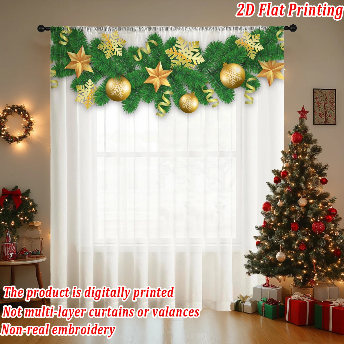 ستارة شفافة مطبوعة مسطحة لعيد الميلاد مع زخرفة ندفة الثلج على شكل كرة نجمة عيد الميلاد لغرفة المعيشة وغرفة النوم وحفلات العطلات