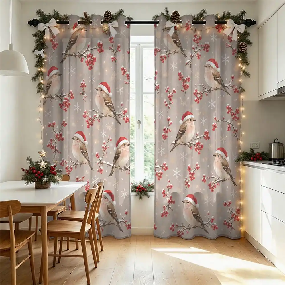 2pcs Christmas Bird Red Fruit Snowflake Santa Hat Print Curtains Perforated Split Light Blocking Window Drapes for Living Roo